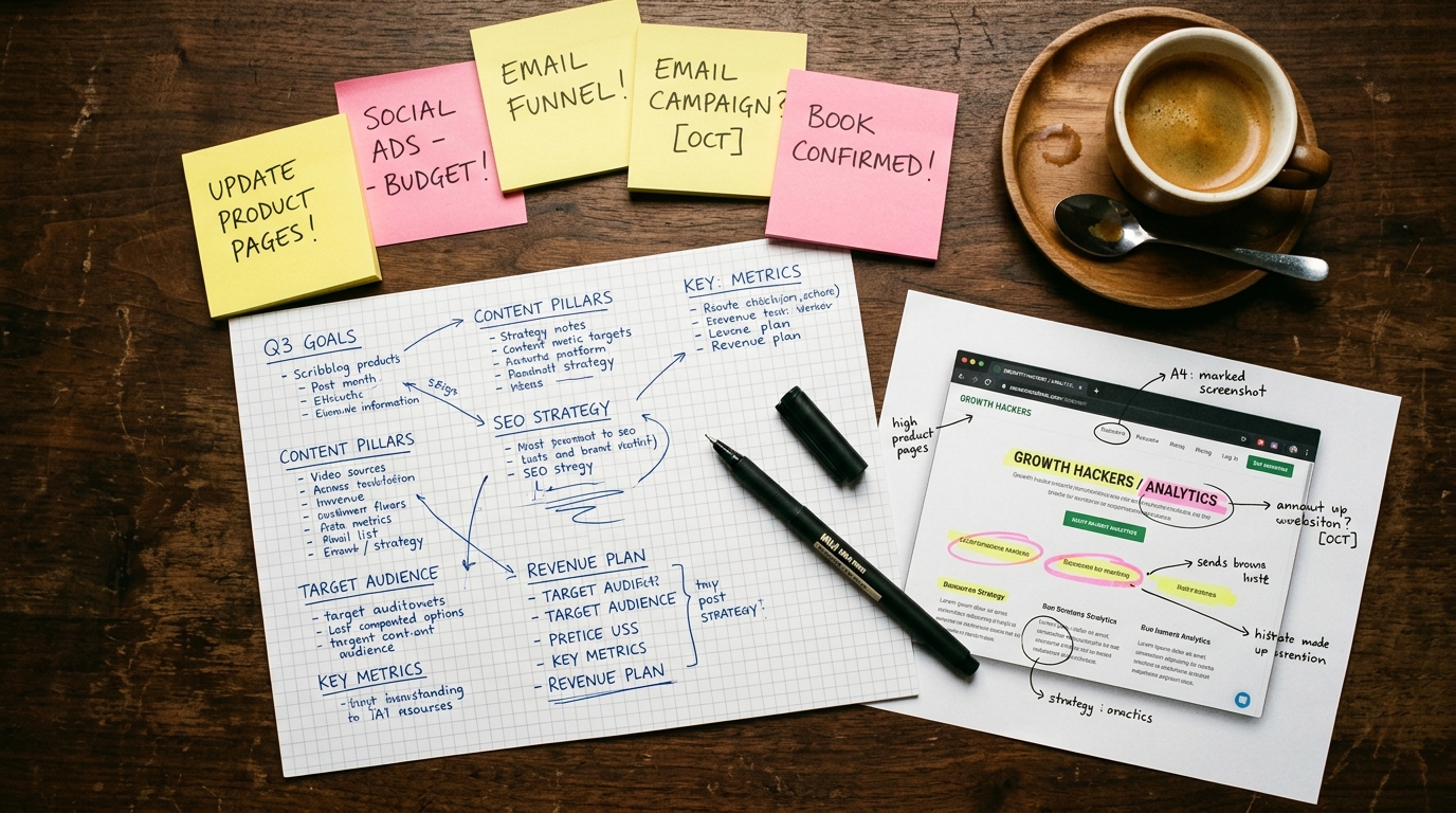 Handwritten strategy notes and AEO planning