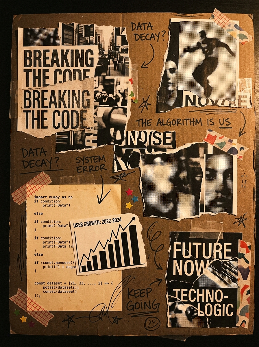 Creative collage process board with code snippets and data charts